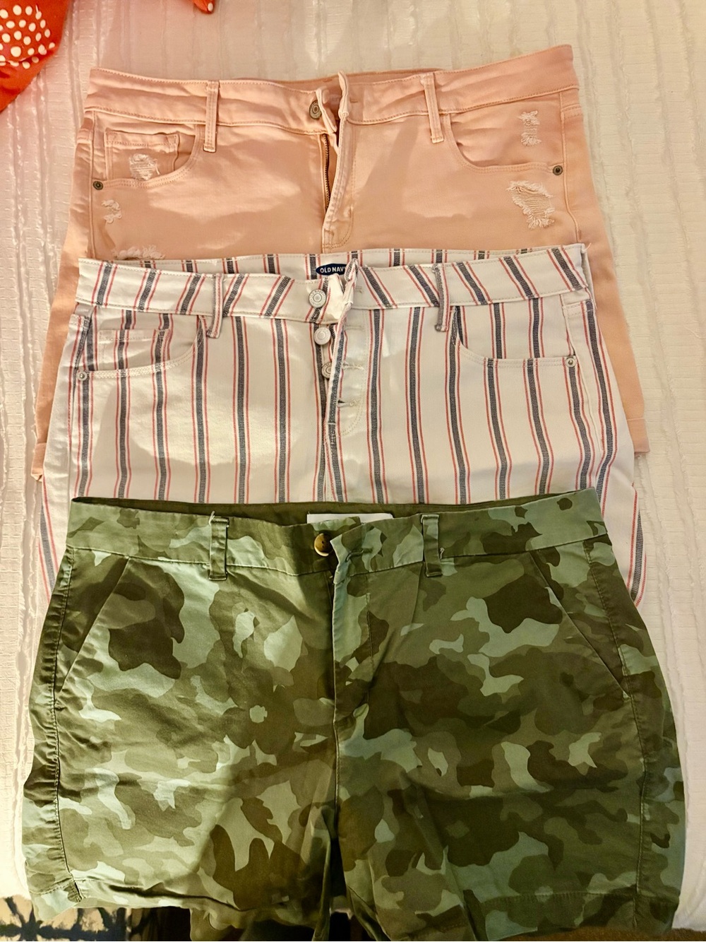 Old Navy Pink, White Striped, and Green Camo Women’s Jean Shorts Lot
